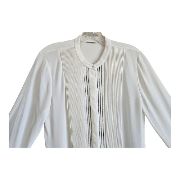 ELIE TAHARI Women's M Piper Silk Blouse Cream Button Up Pleated Embroidered 38" - Picture 2 of 8